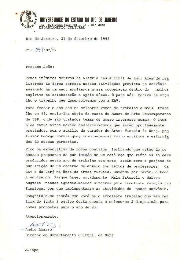 [Carta de congratulações por convênio entre UERJ e EAV] – Acervo da