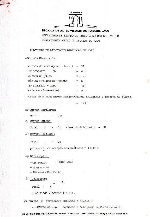 Relatório De Atividades Didáticas De 1992 Acervo Memória Lage 5128